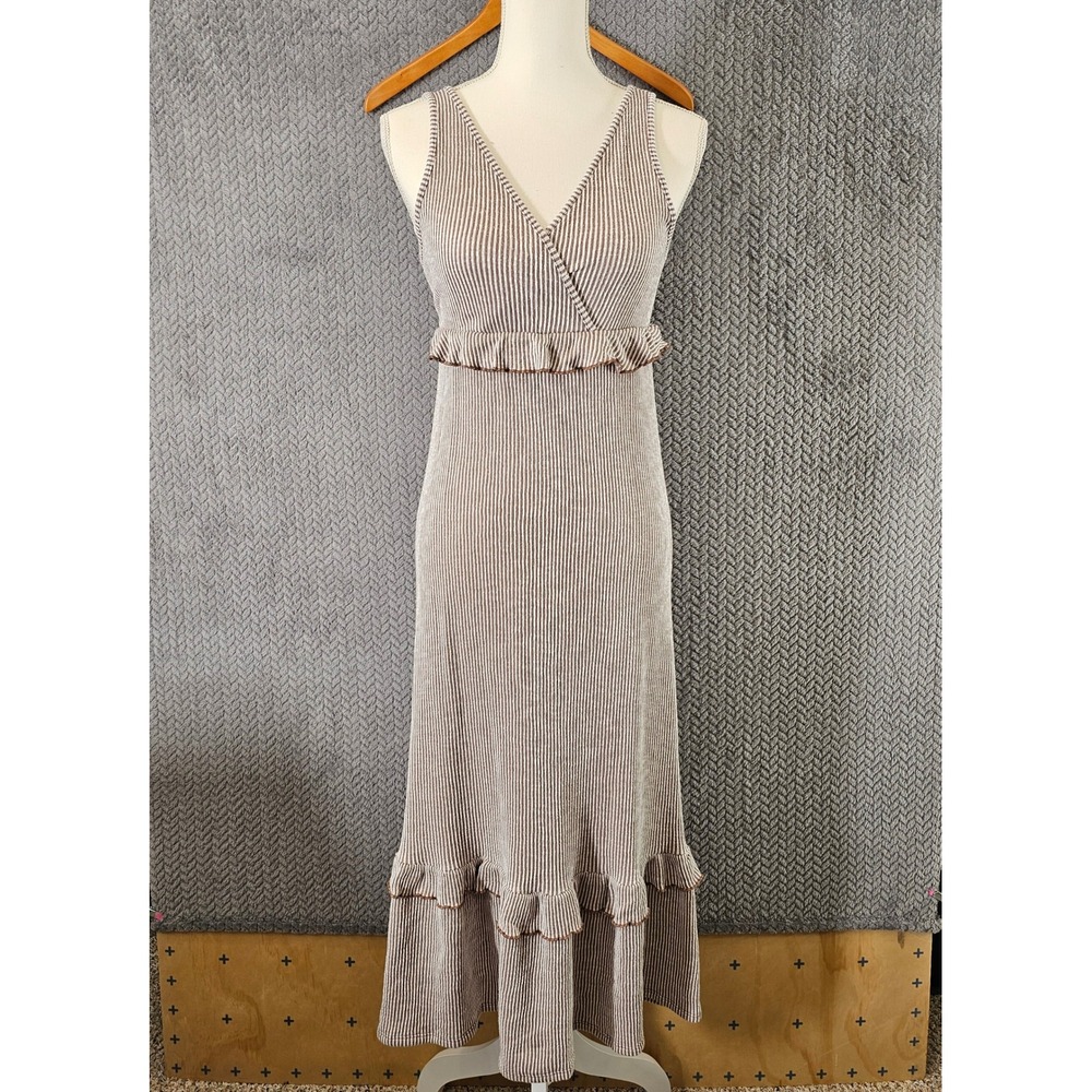 Caution To The Wind Brown White Striped Ribbed‎ Knit Ruffle Maxi Dress Womens L